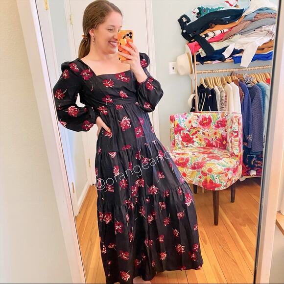 NICHOLAS Dresses & Skirts - NICHOLAS Black Pink Floral Square Neck Long Balloon Sleeve Silk Maxi Dress 6